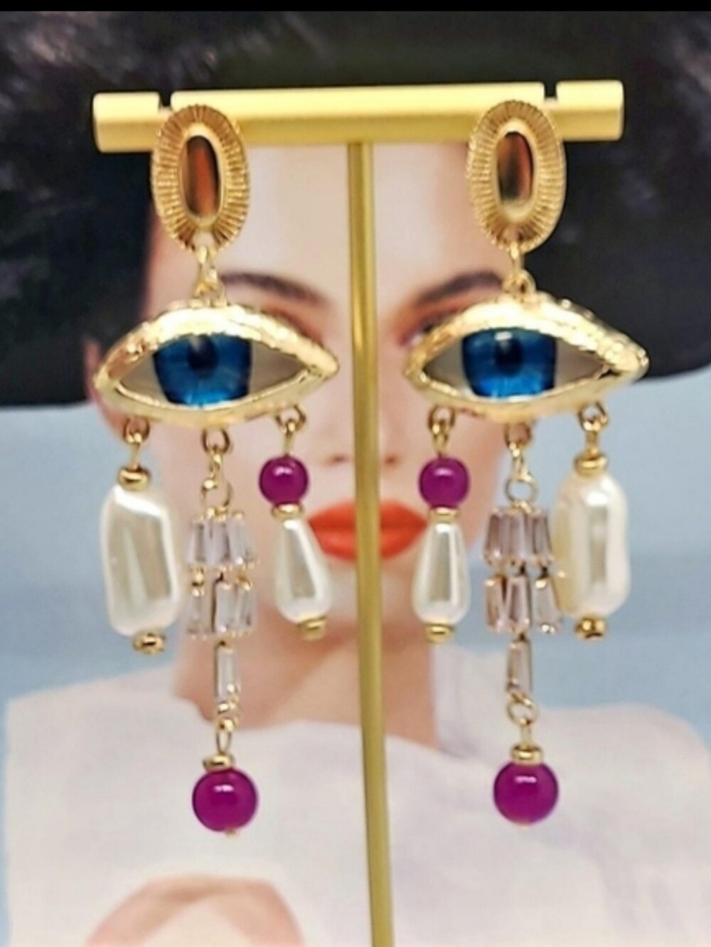 NWT Punk Style Crystal Evil Eye Pearl Pendant Gold Tassel Chandelier Earrings